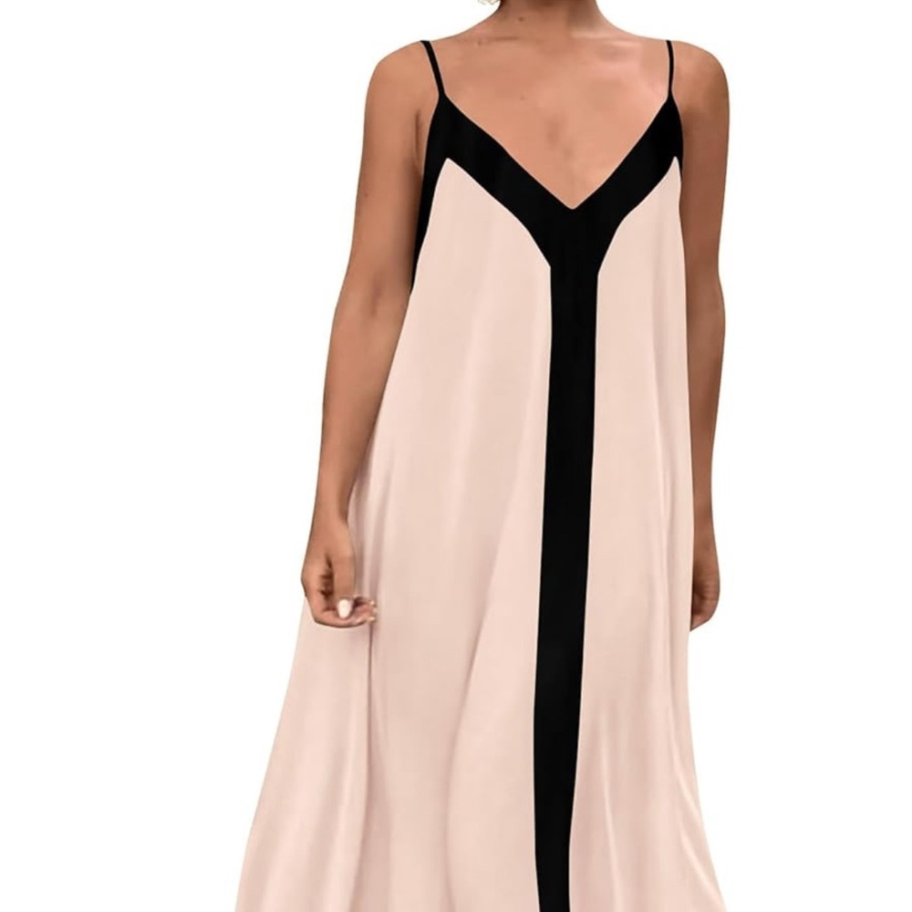 Beige and Black Flowy Maxi Dress with Adjustable Straps